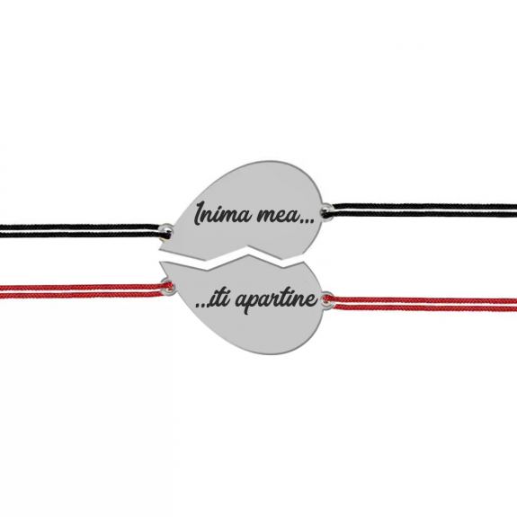 Set bratari argint cuplu inimioare 16 mm si snur negru (M) si rosu (F) (2 bucati incluse) - personalizate cu text